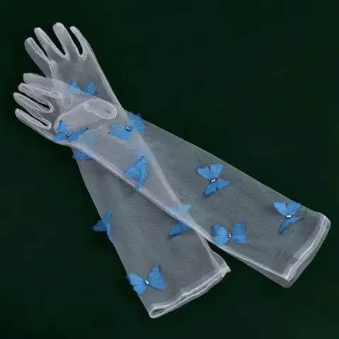 Elegant Blue Butterfly Gloves Ultra-Thin Bridal Accessory for Summer Photography Props Fairy-Tale Wedding Dress Complement