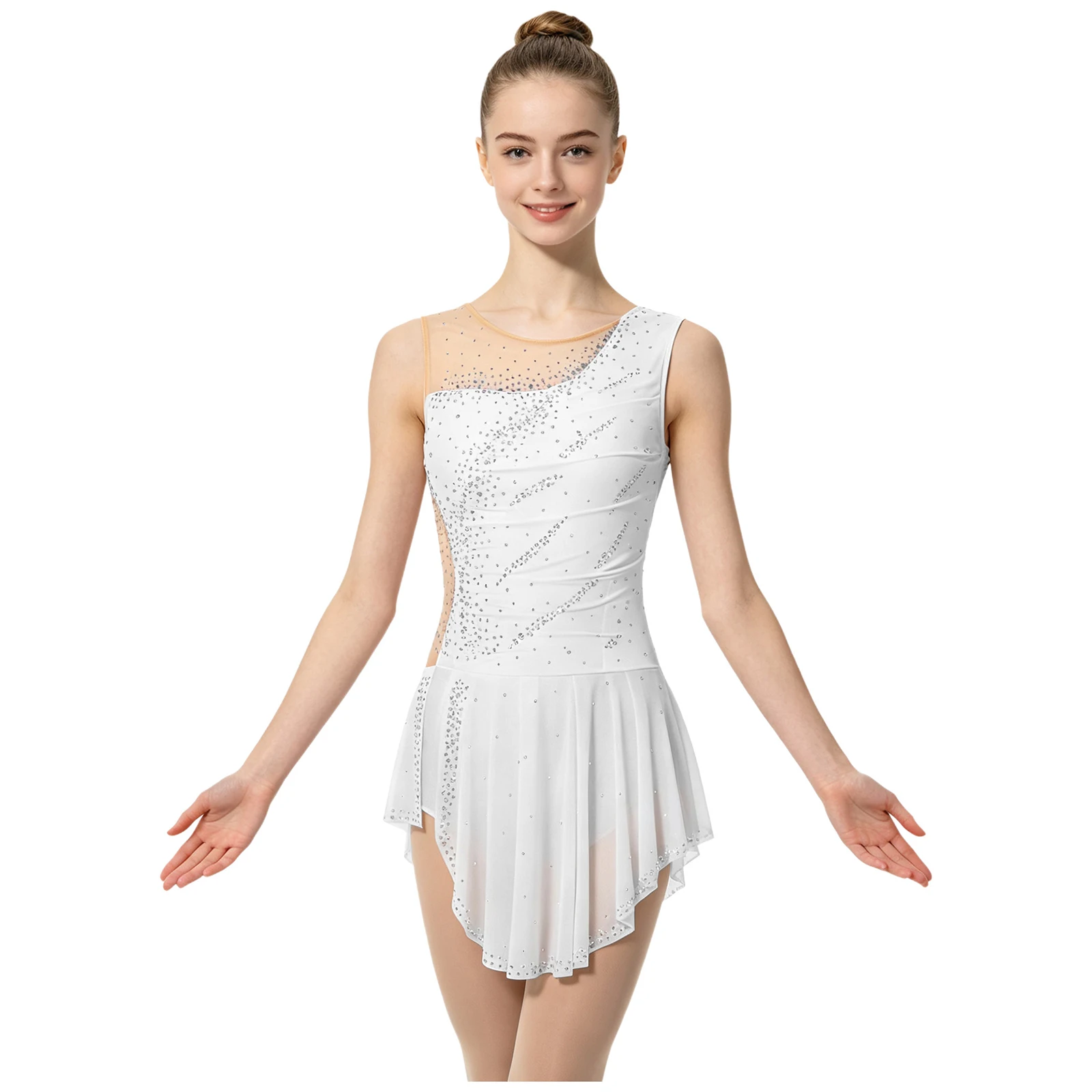 Damen-Rhythmische-Gymnastik-Trikots, Eiskunstlauf-, Ballett- und Lyrischer-Tanz-Kostüm, Kleid mit Strasssteinen, Raffungen, Netzstoff-Patchwork und Seitenschlitz – Detail 7