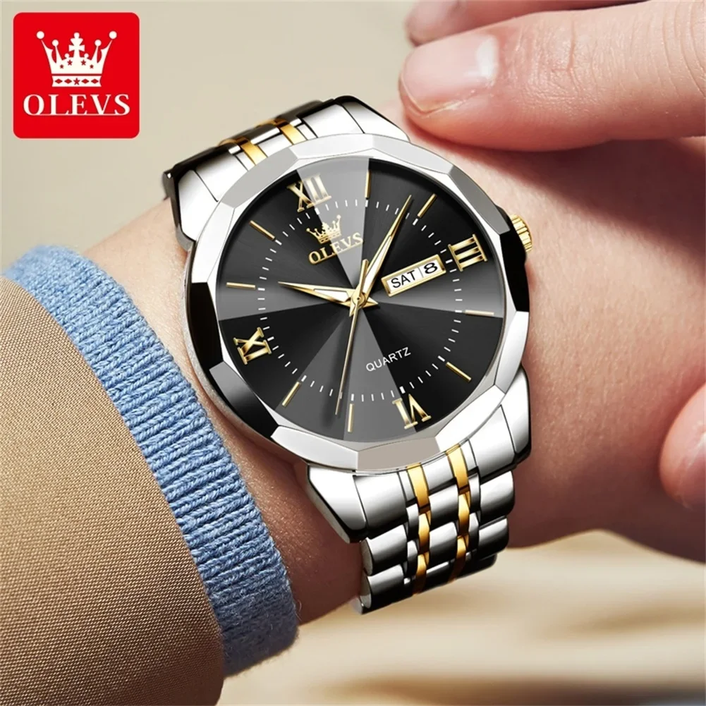 OLEVS นาฬิกาผู้ชาย9989แบบคลาสสิกกระจกปริซึมกันน้ำปฏิทินคู่นาฬิกาธุรกิจแฟชั่นหรูหรานาฬิกาข้อมือสำหรับผู้ชายควอทซ์แบรนด์หรู