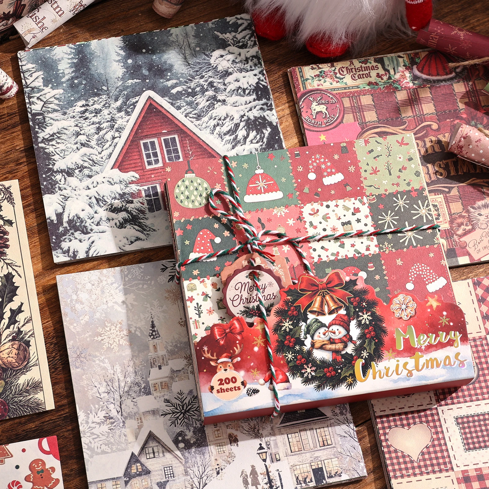 200 Sheets Vintage Xmas Scrapbook Paper – Tree, Snowman, Santa & Music Patterns, for Card Making, Junk Journals & Gift Wrap