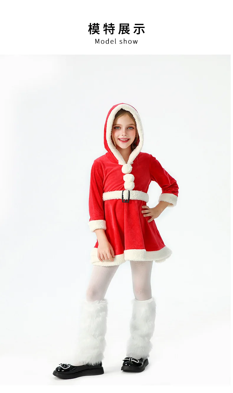Weiches Samtkleid für Kinder mit Weihnachtsmann-Motiv, Kapuze, Weihnachtskostüm, Weihnachtsfeier, Bühnenauftritt, Show, Cosplay, Rock, Outfit – Detail 7