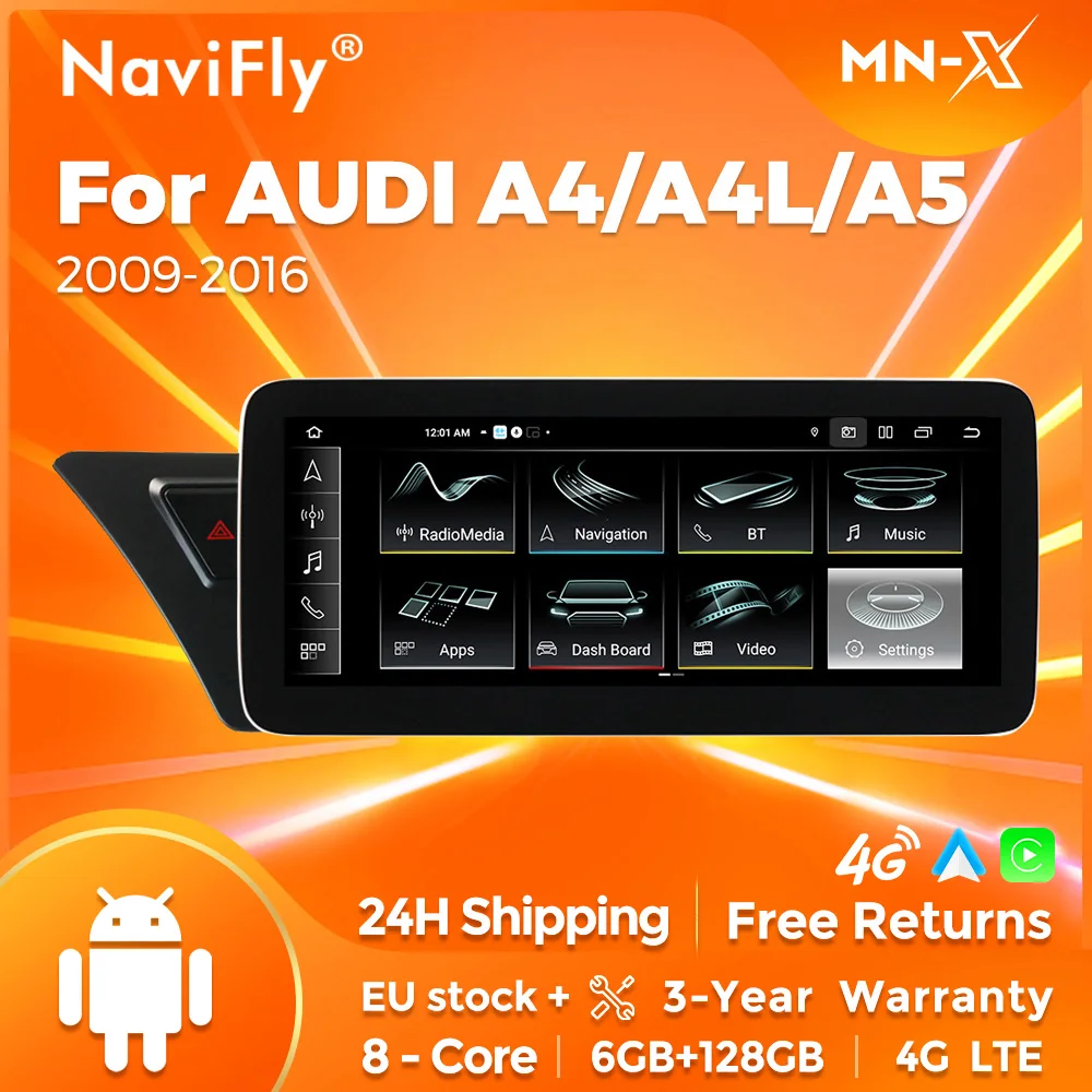 NaviFly 8 Core Wireless CarPlay Android autoradio sistemi intelligenti per auto per Audi A4 A4L A5 B8 2009-2016 Multimedia GPS Navigation