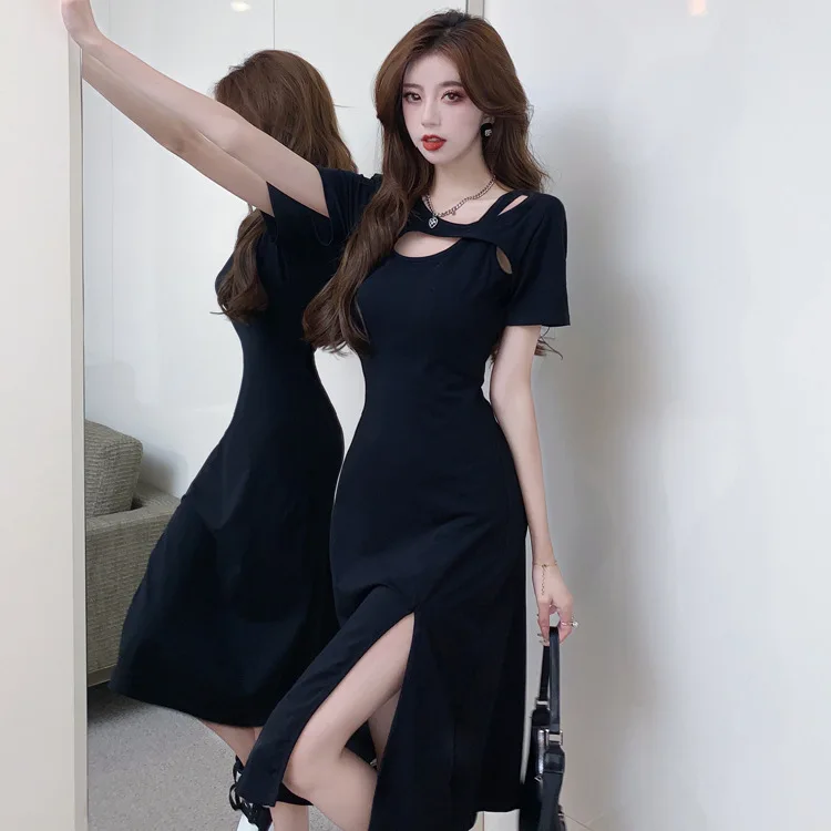 Summer Short-sleeved Black Slim Dress Women Hollow Open Fork Waist Retraction Sexy Medium-length Dress Irthday Party Club Dress