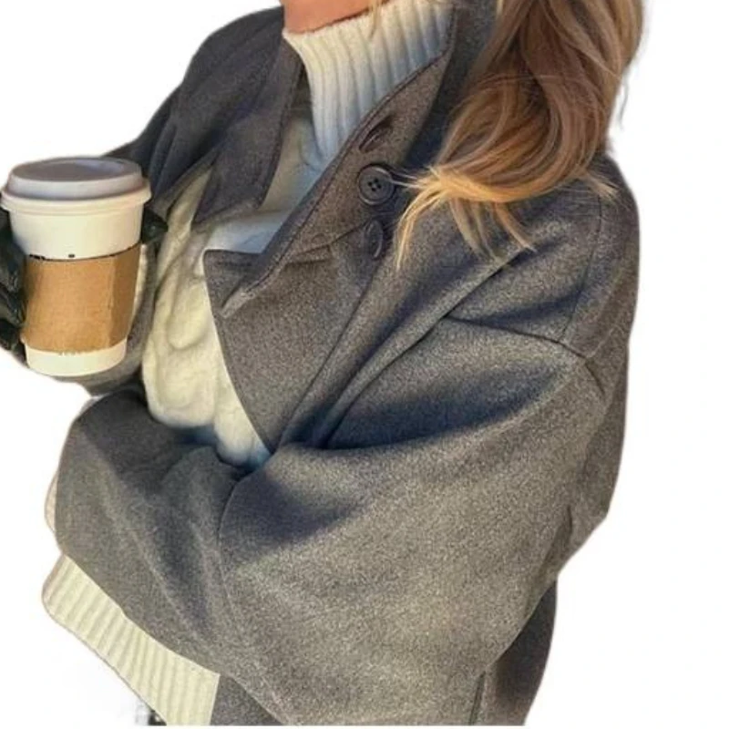 Nowy damski krótki płaszcz wełniany z eleganckim kołnierzem stójką zapinany na jeden guzik, kolekcja jesień 2025