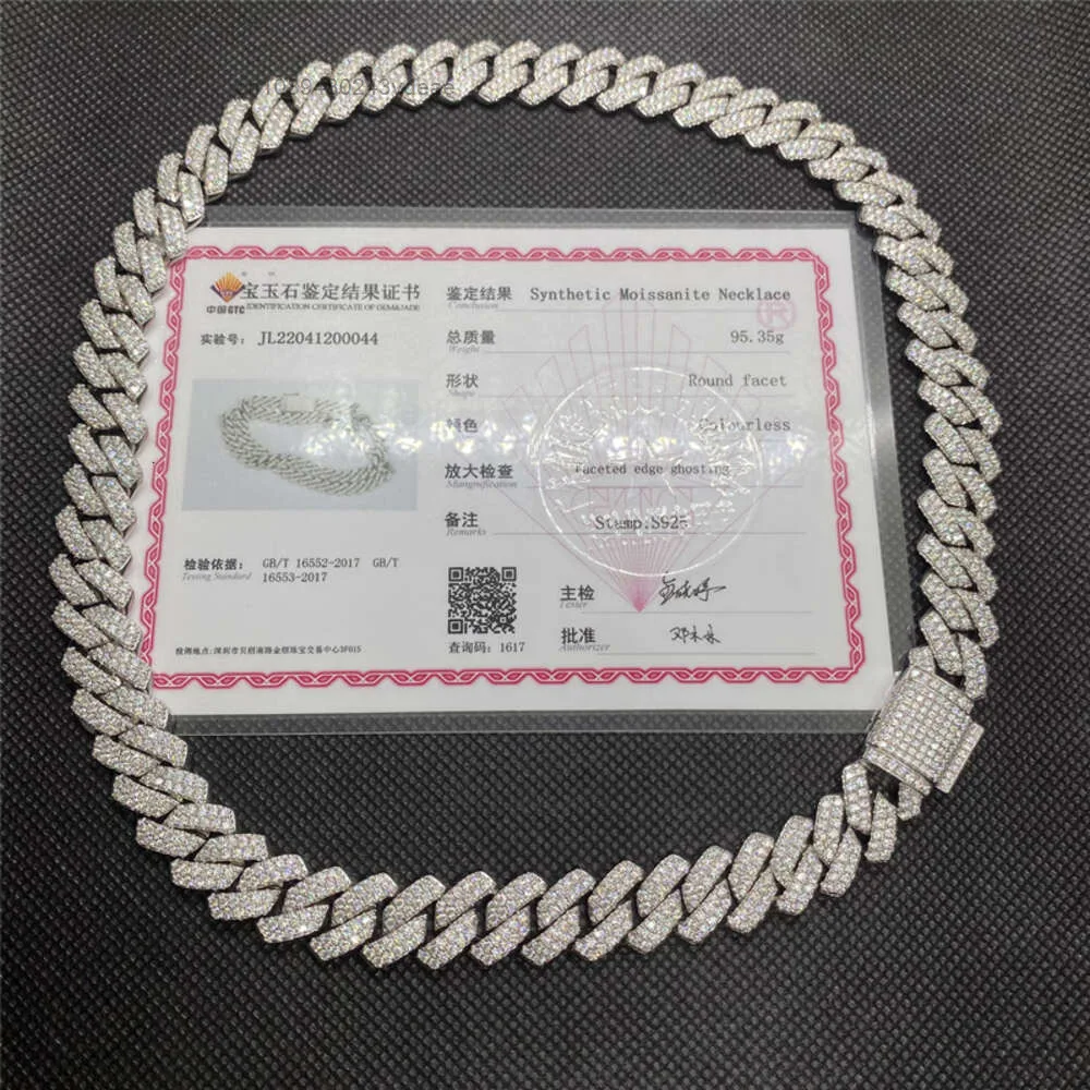 Pass Diamond Tester Gra Moissanite 14mm Width 2rows 925 Sterling Silver Cuban Link Chain for Rapper Hip Hop Necklace.
