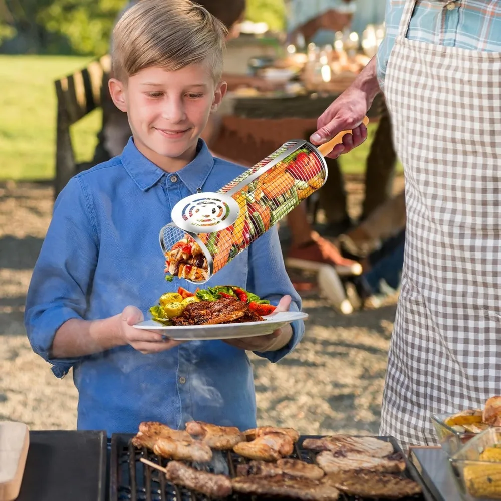 سلال شواء التعشيش 304 شبكة شواء دوارة من الفولاذ المقاوم للصدأ مقبض خشبي قابل للإزالة أدوات ملحقات الشواء