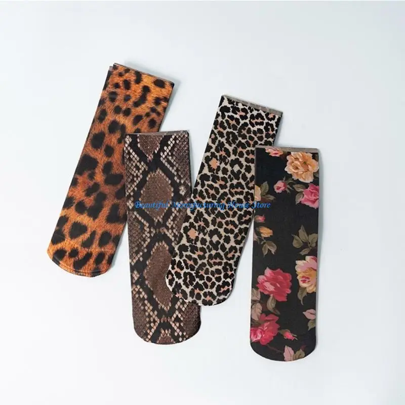 

E56A Stylish Leopard Pattern Silk Socks for Women Breathable Animal Socks