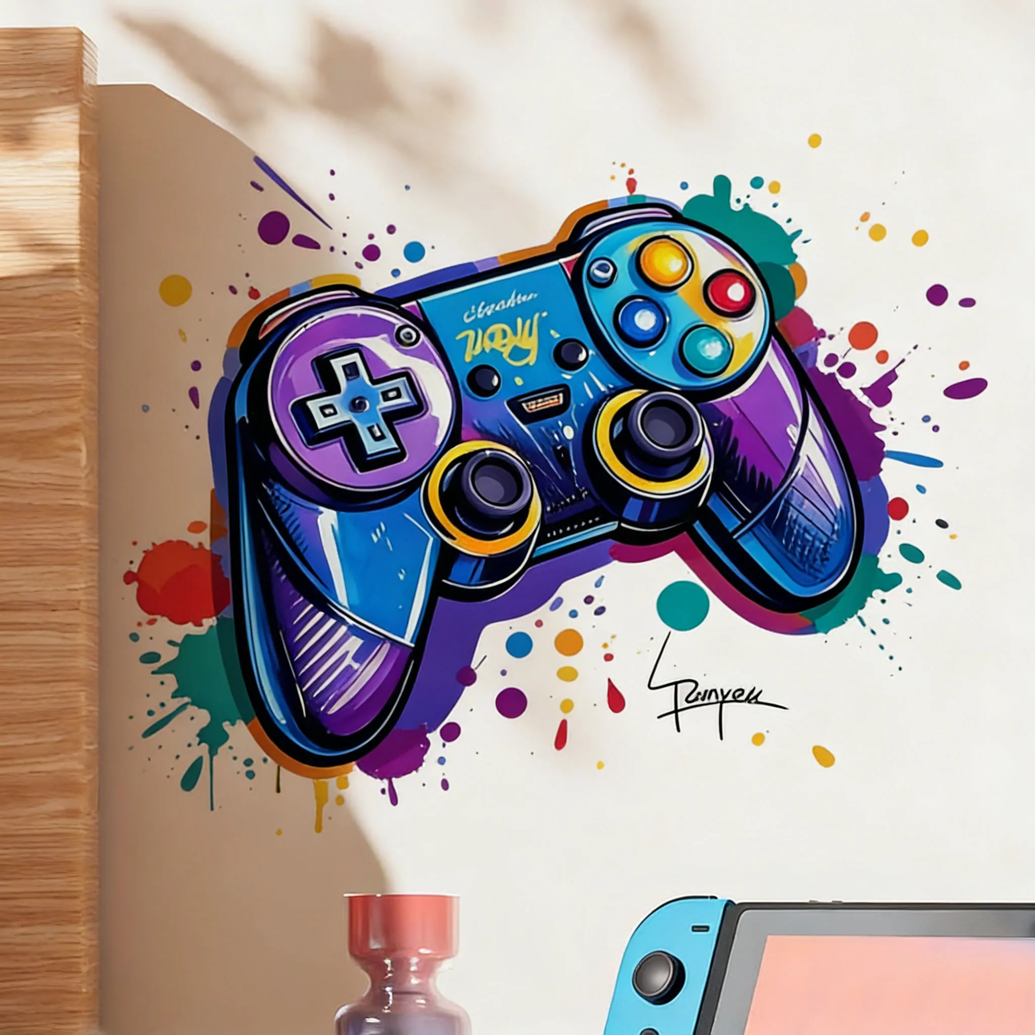 Cool Graffiti Game Controller Self-Adhesive Wall Stickers for Boys' Room Decor Punk Style Bedroom Living Room Cafe Decor