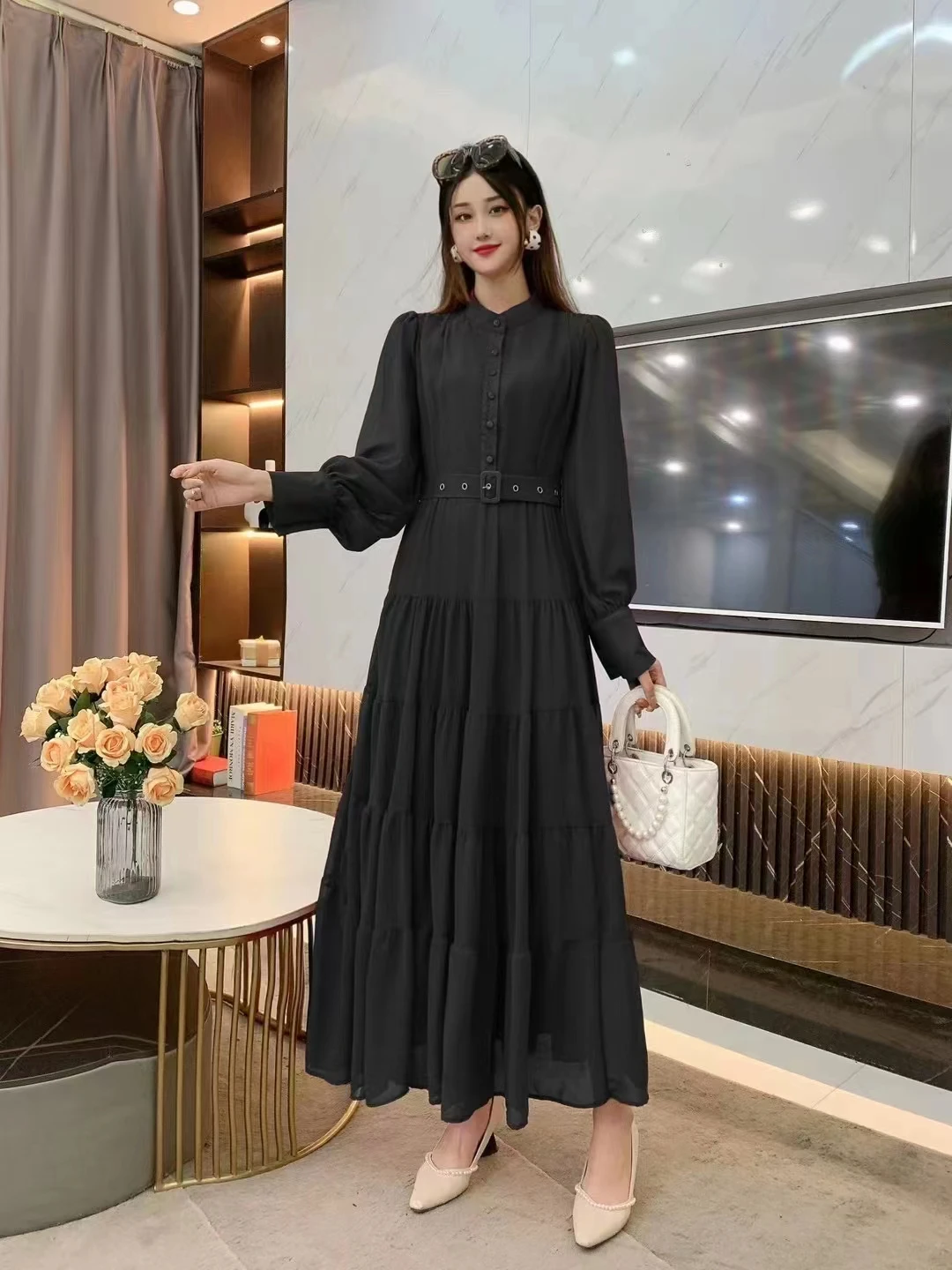 2024 New Spring Autumn Women Long Sleeve Belt Slim Long Dress High Quality Elegant Patchwork Big Hem Solid Color Chiffon Dress