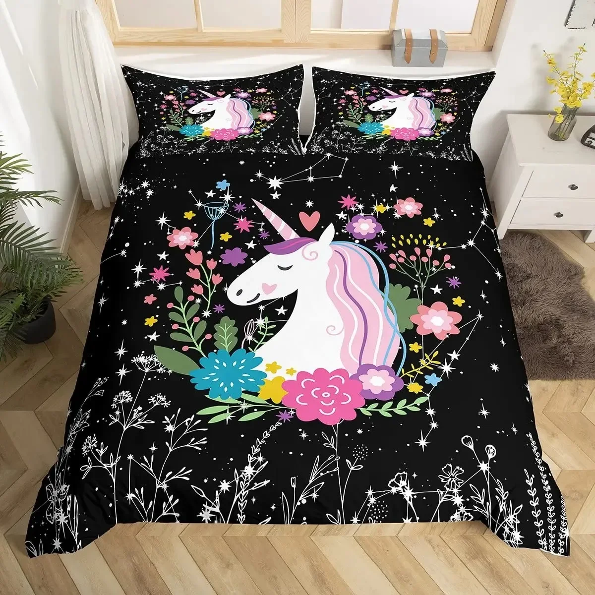 

Unicorn Duvet Cover Set Floral Unicorn Bedding Sets Galaxy Constellation Comforter Cover Magical Fantasy Botanical Quilt Cover