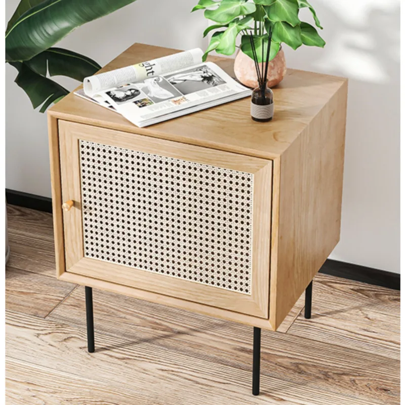 Japanese Bedside Table Solid Wood Vine Weaving Night Stand Multifunctional Storage Cabinet Versatile Practical Home Furniture