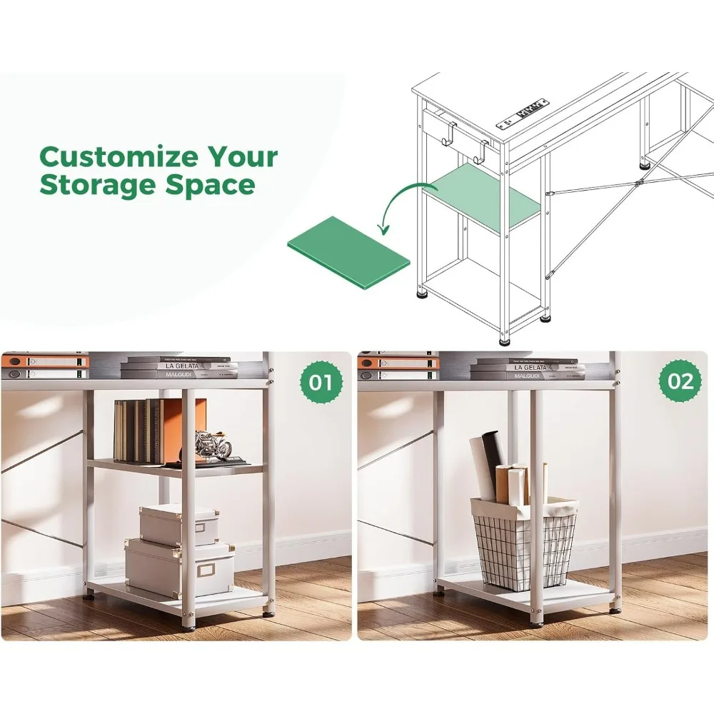 Escritorio pequeño para ordenador con tomas de corriente, escritorio de escritura con estantes de almacenamiento, gancho para auriculares,