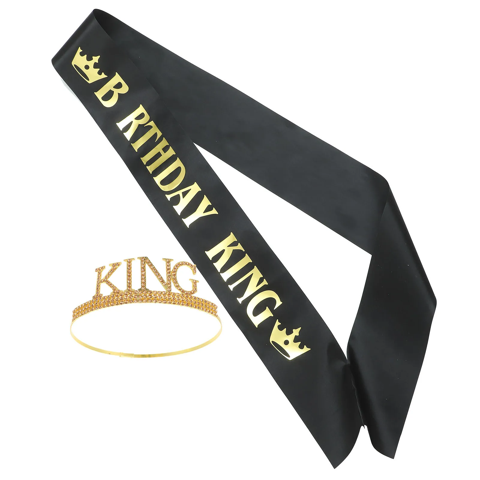 

1Set Birthday King Crown Crystal Decorated Black Sash Men's Birthday Party Supplies Accessories Gift Set Decorative Crown Sash