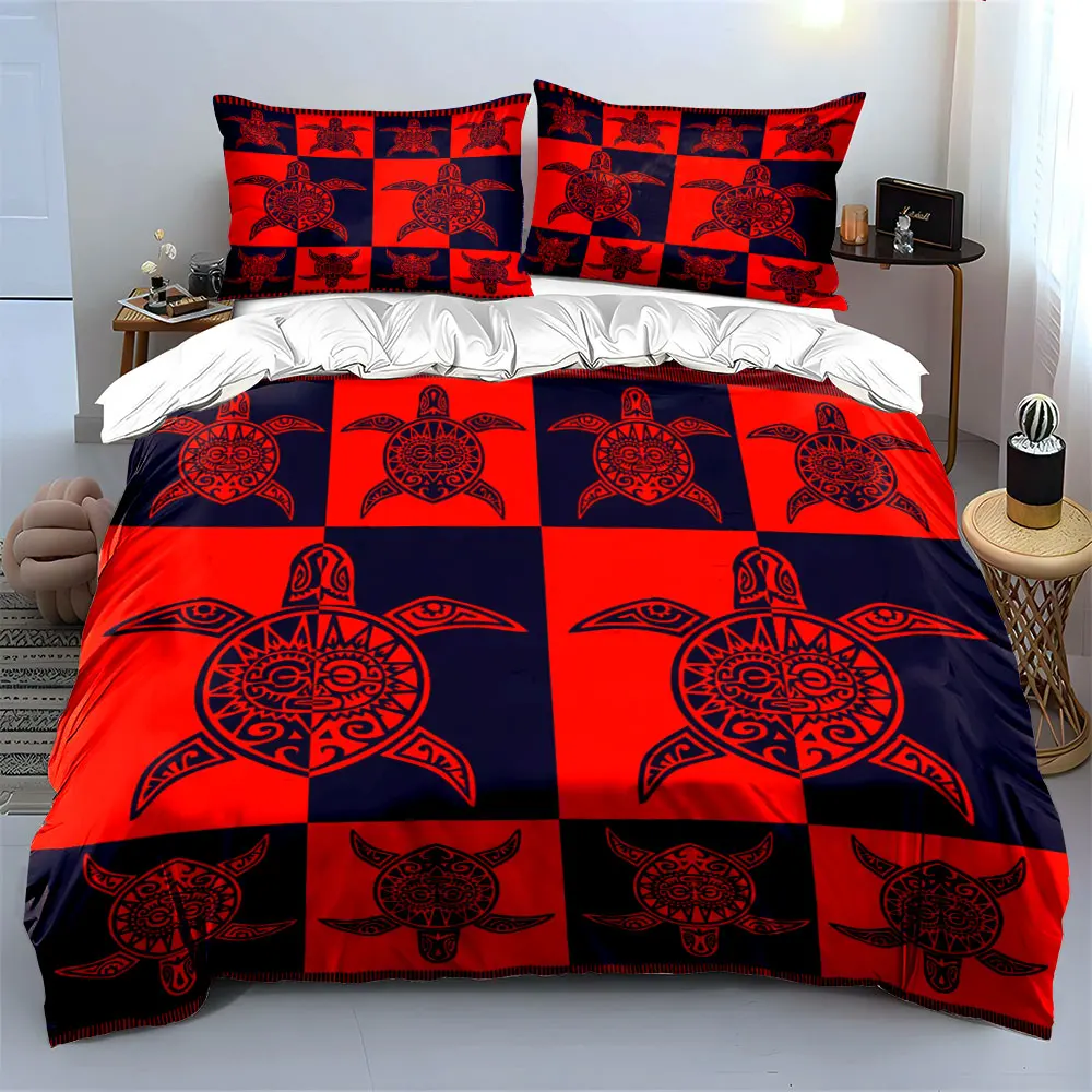 Turtle Pattern Red-Blue Squares Bedding Set for Kids Luxury Gift 3pcs Digital Print Comforter Set Soft Comfortable Breathable