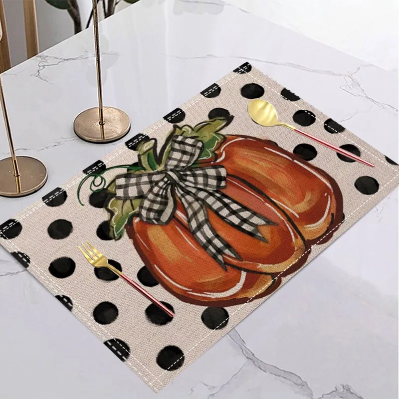 Halloween Fall Autumn Linen Placemat Table Coffee Mat Orange Brown Gnome Pumpkin Maple Leaf Plaid Harvest Happy Decorative