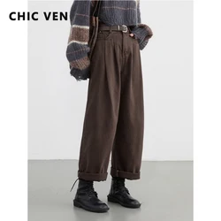 CHIC VEN-Calças femininas de perna reta de cintura alta, calça casual feminina, calça monocromática de algodão, perna larga, outono, inverno, novidade, 2022