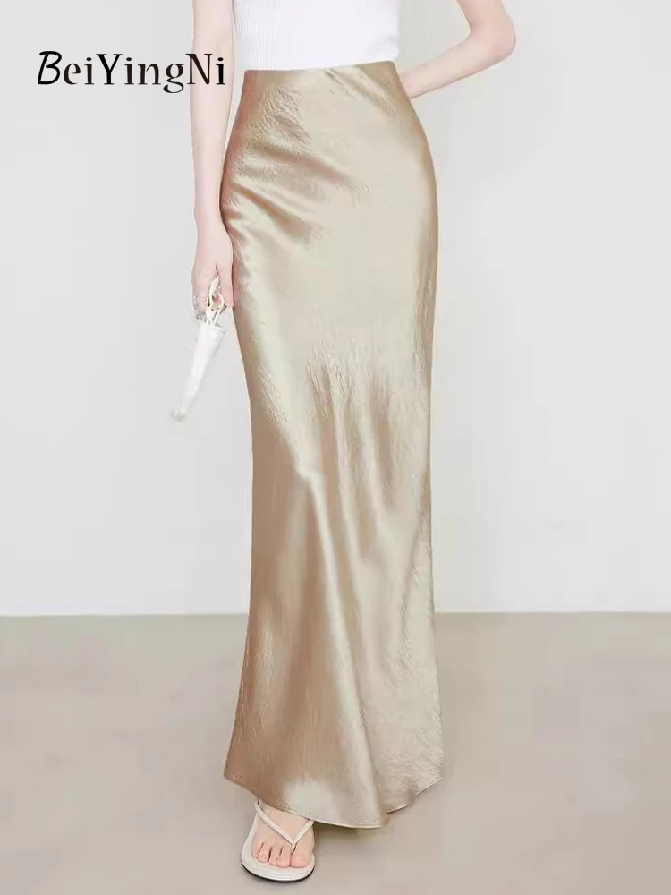 Beiyingni Summer Elegant Women's Satin Long Maxi Skirt 2025 New Fashion Office Ladies Patterns High Street Skirts Casual Slim