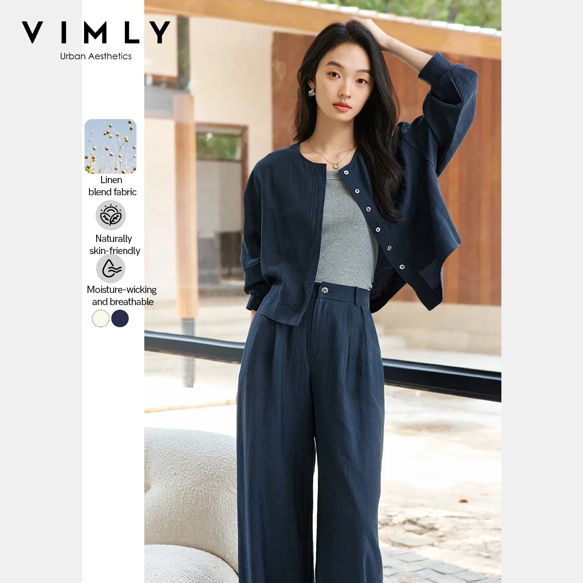 

Vinly Women's Linen Blend Two-Piece Set 2025 Autumn Round Neck Long Sleeves Coat Wide-Leg Pants Casual Office Pant Set M9088