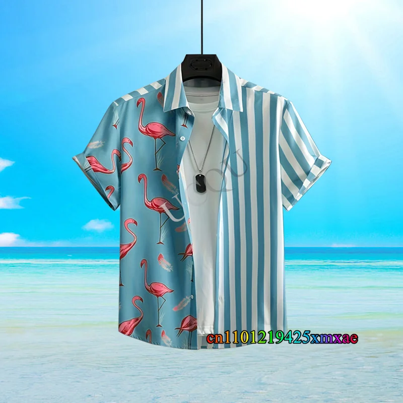 

2025 New Men's Lapel Short Sleeve Hawaiian Shirt Summer Strip Flamingo Print Beach Vacation Casual Fashion Kids/Adult ​Tops