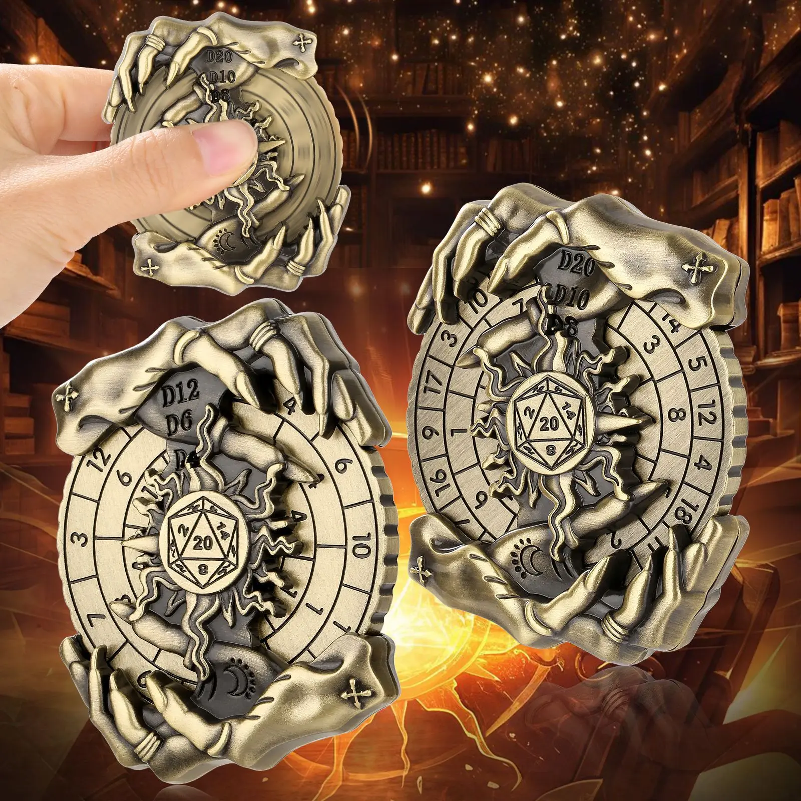 Vintage 3D Embossed Metal Rotate Fingertip Gyro Fidget Spinners Adult Sensory Toys For Role Playing RPG For D&D Table Game Dice