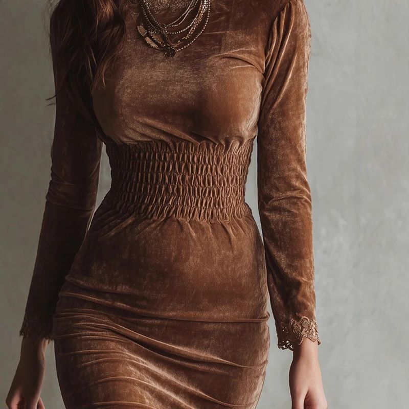 فستان نسائي مخملي مناسب للخريف/الشتاء بأكمام طويلة مزين بالزهور أنيق للحفلات التنقل