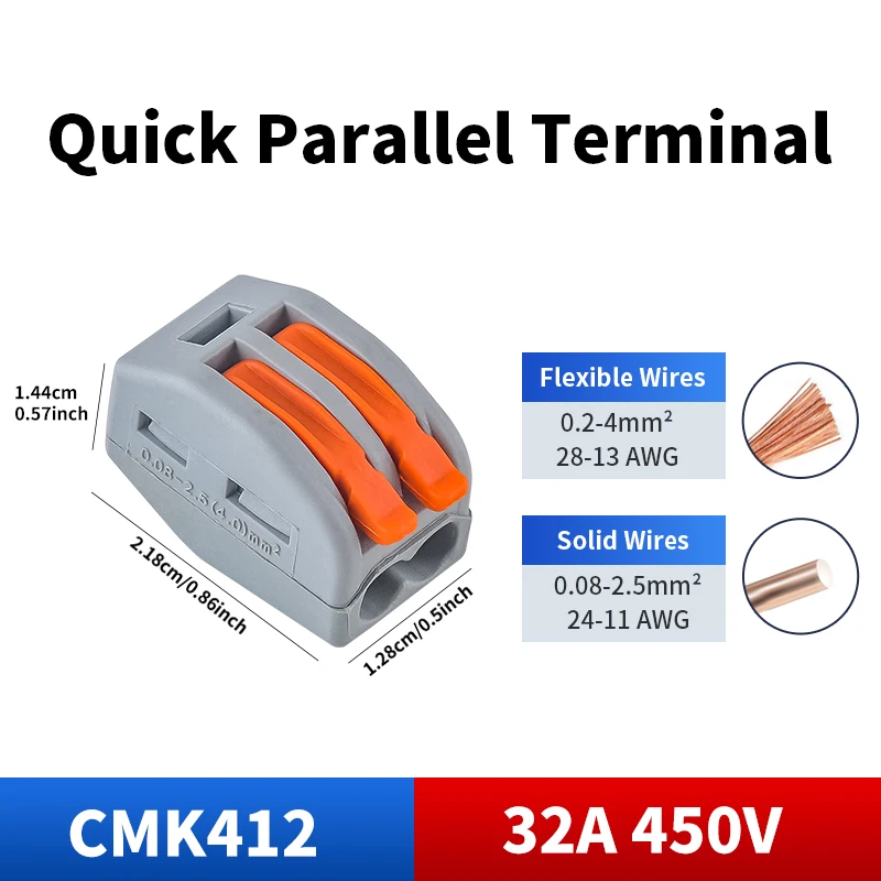 2Ports Quick parallel Terminal Compact Splicing Wiring Connector Fast and Stable Connection Easy Installation 0.08-4mm²/28-11AWG