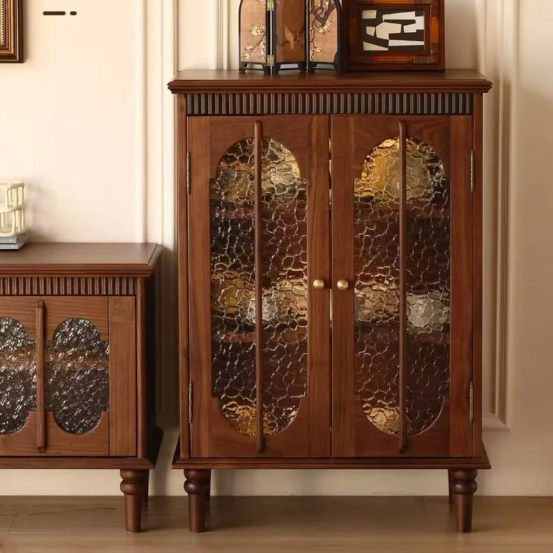 

wood side cabinet, display cabinet, medieval walnut color in the living room, glass wine cabinet, small bookcase