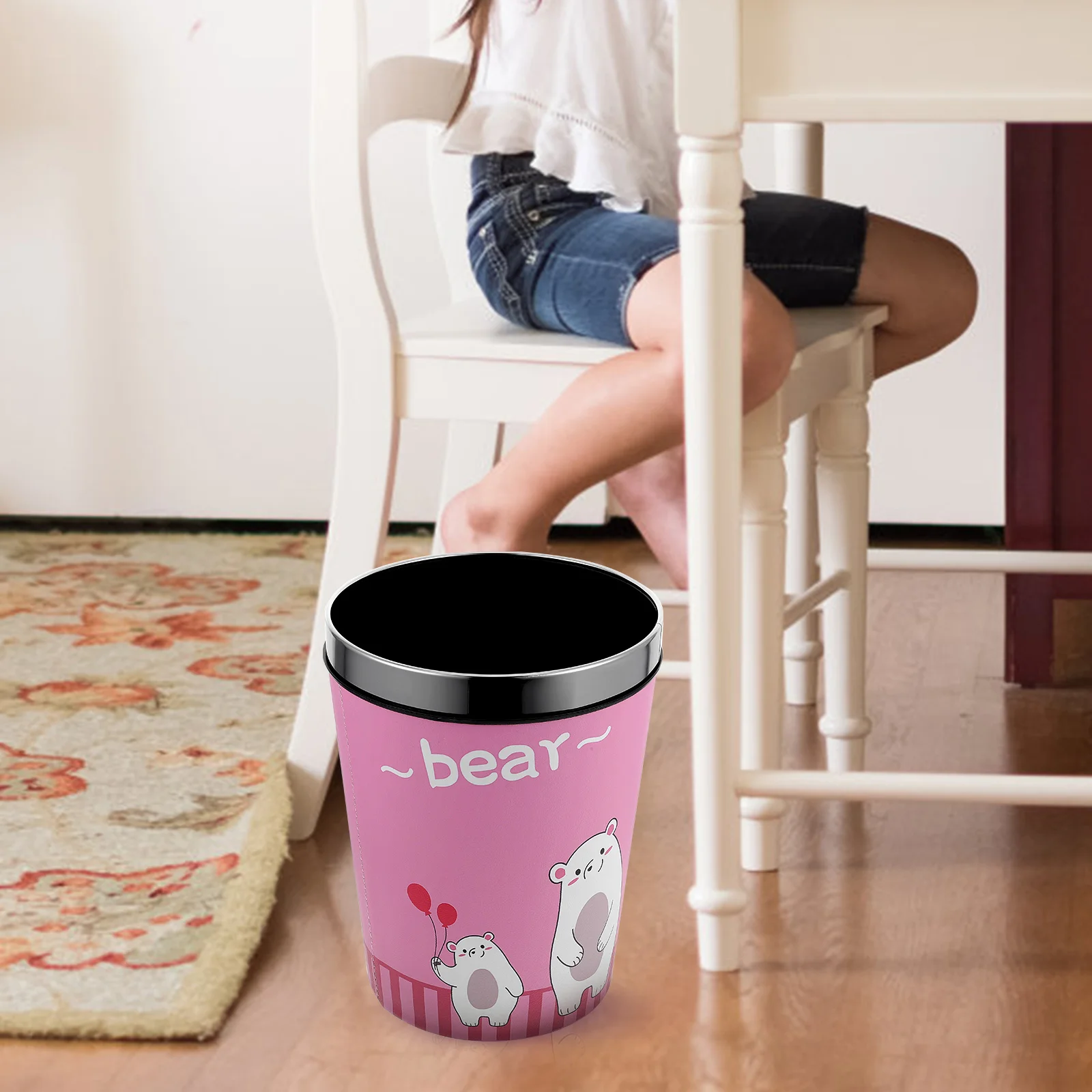 

Cartoon Waste Container Large Capacity Garbage Can Trash Bin Basket for Bedroom Cute Pink Pu