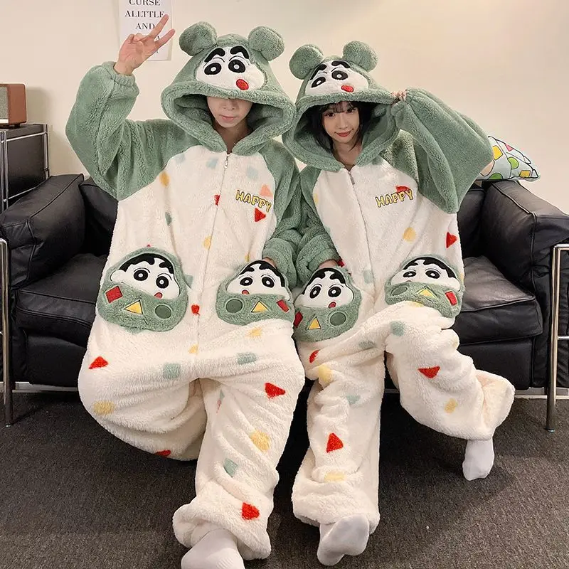 Winter Coral Fleece Thick Warm Homewear Crayon Shin-Chan Couple Plush One-Piece Pajamas Warm Cartoon Loungewear for Women Men