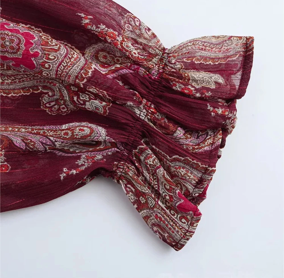 Vestido largo Vintage de gasa con estampado de flores rojas, vestido holgado de manga larga con cuello redondo y volantes, vestido bohemio a la moda para primavera y otoño