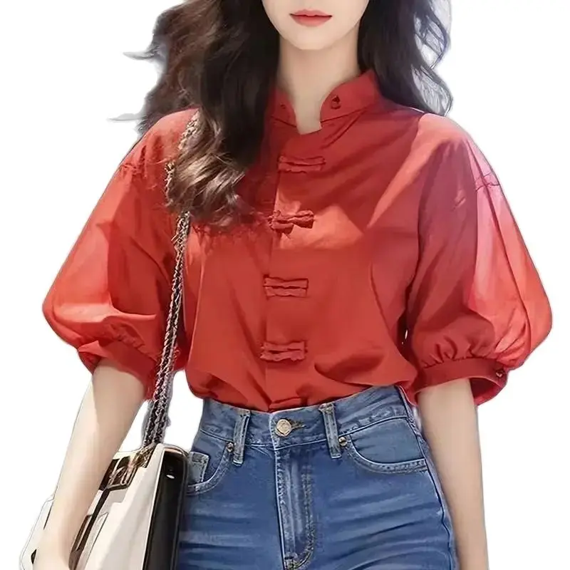 Korea Vintage Vrouwen Shirts Retro Kikker Knopen Chinese Tops Elegante Lantaarn Mouw Feest Blouse 2024 Zomer Vakantie Tunieken