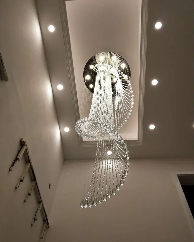 

Modern Luxury Large Crystal Chandelier K9 Crystal Stair Spiral Light Fixtures Creative LED Chandeliers Lamp Hotel Villa