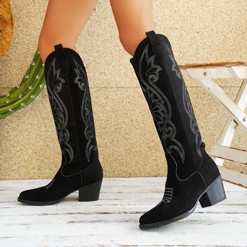 Women's Knee-high Boots Retro Suede Casual Boots Fashion Pointed Thick Heel Knight Boot Classic Embroidered Western Cowboy Boots