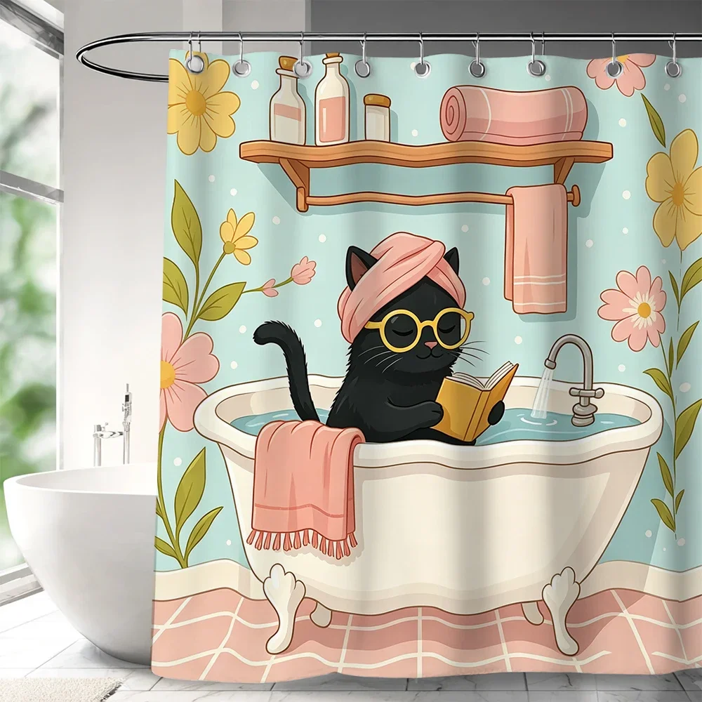 Cute cat take shower printed shower curtain, funny style, waterproof, with hooks, bathroom curtain, bathtub curtain, home use
