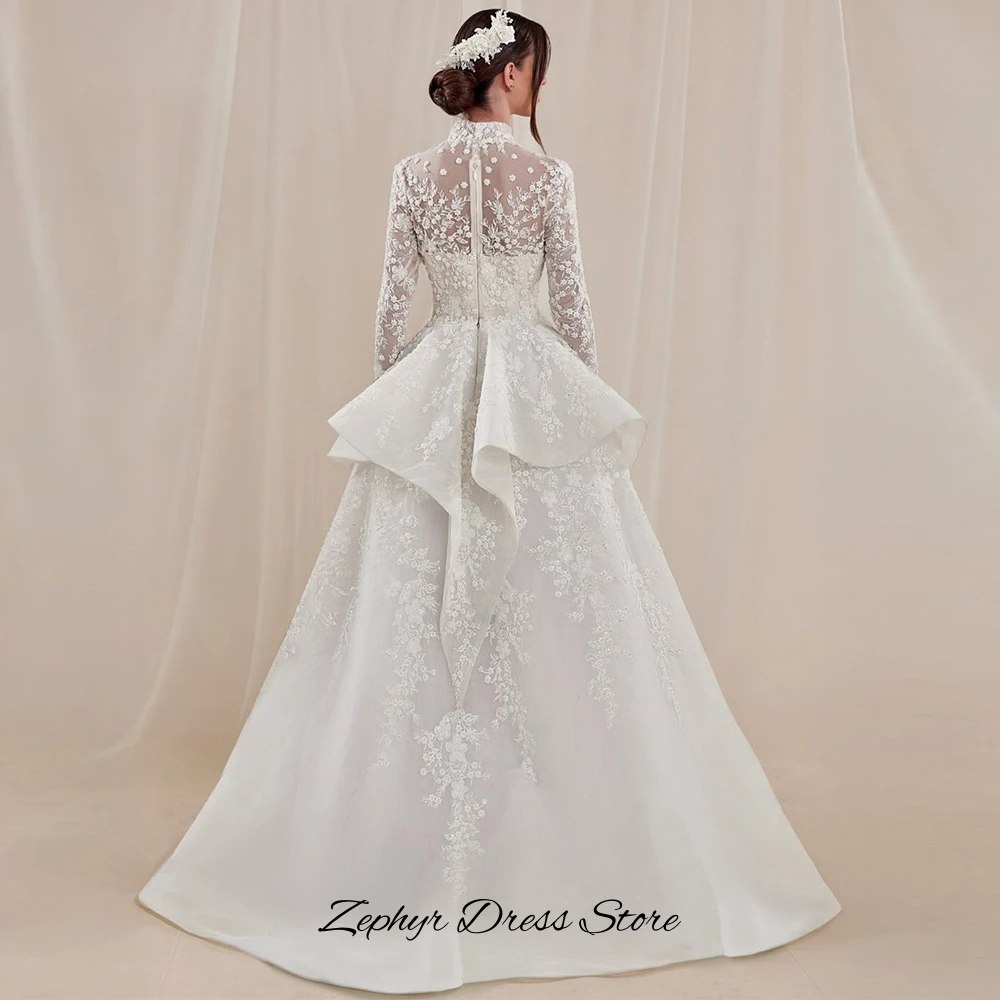 Modern High Collar Straight Vestido De Novia Luxury Applique Ruched Customized Wedding Dress Simple Zipper Back Robe de mariée