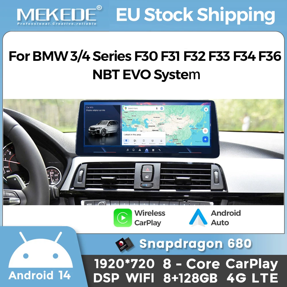 MEKEDE Qualcomm Snapdragon 680 8 cœurs, Carplay sans fil, Android Auto, autoradio pour BMW série 3/4 F30 F31 F32 F33 F34 F36 NBT EVO, lecteur multimédia pour voiture, Android 14, 4G LTE, WIFI, DSP, double BT, cartes UE, système de navigation GPS