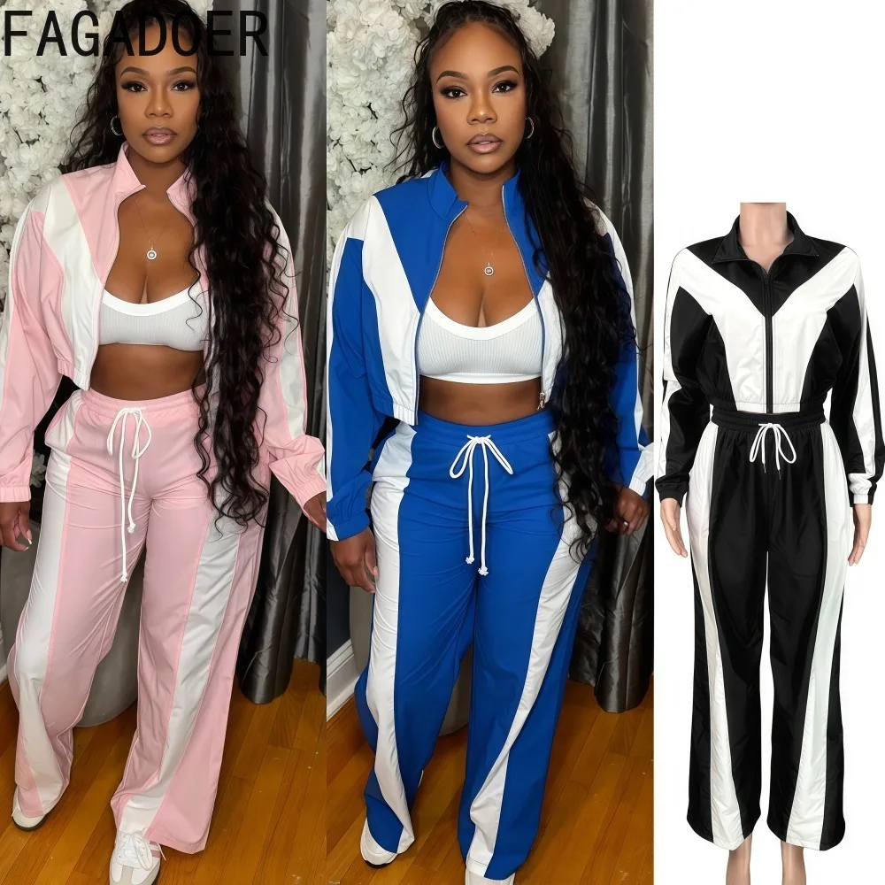 

FAGADOER Fashion 2 Pieces Set for Woman Outfits Color Blocking Long Sleeve Crop Jacket and Pants Matching Female Streetwear New