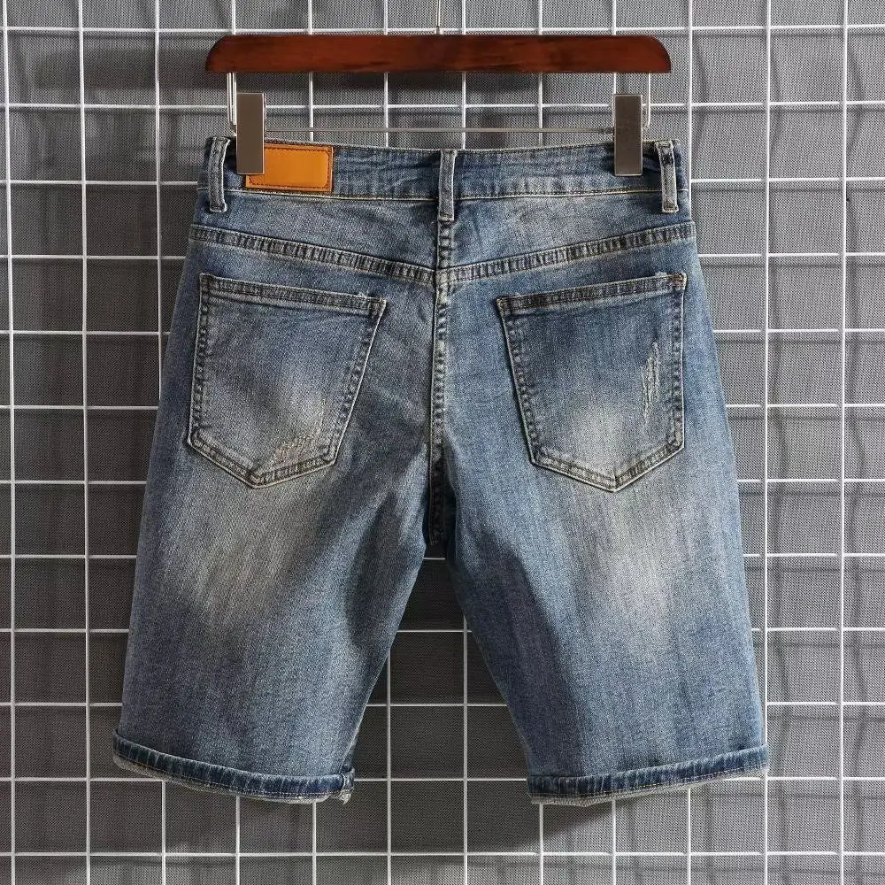 Marcas de luxo curto 2025 em linha reta magro-ajuste elástico meia calças verão fino médio calças retro velho rasgado denim shorts roupas masculinas
