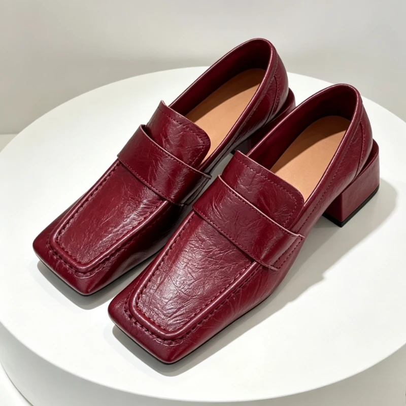 British-Style Chunky-Heel Designer Women’s Pumps Soft Leather Square-Toe Comfortable Loafers Trendy Commuter Office Formal Shoes