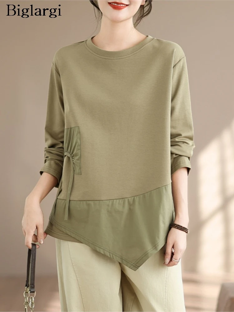 

Осенние футболки большого размера, женские нерегулярные лоскутные плиссированные модные женские блузки, повседневные свободные женские футболки