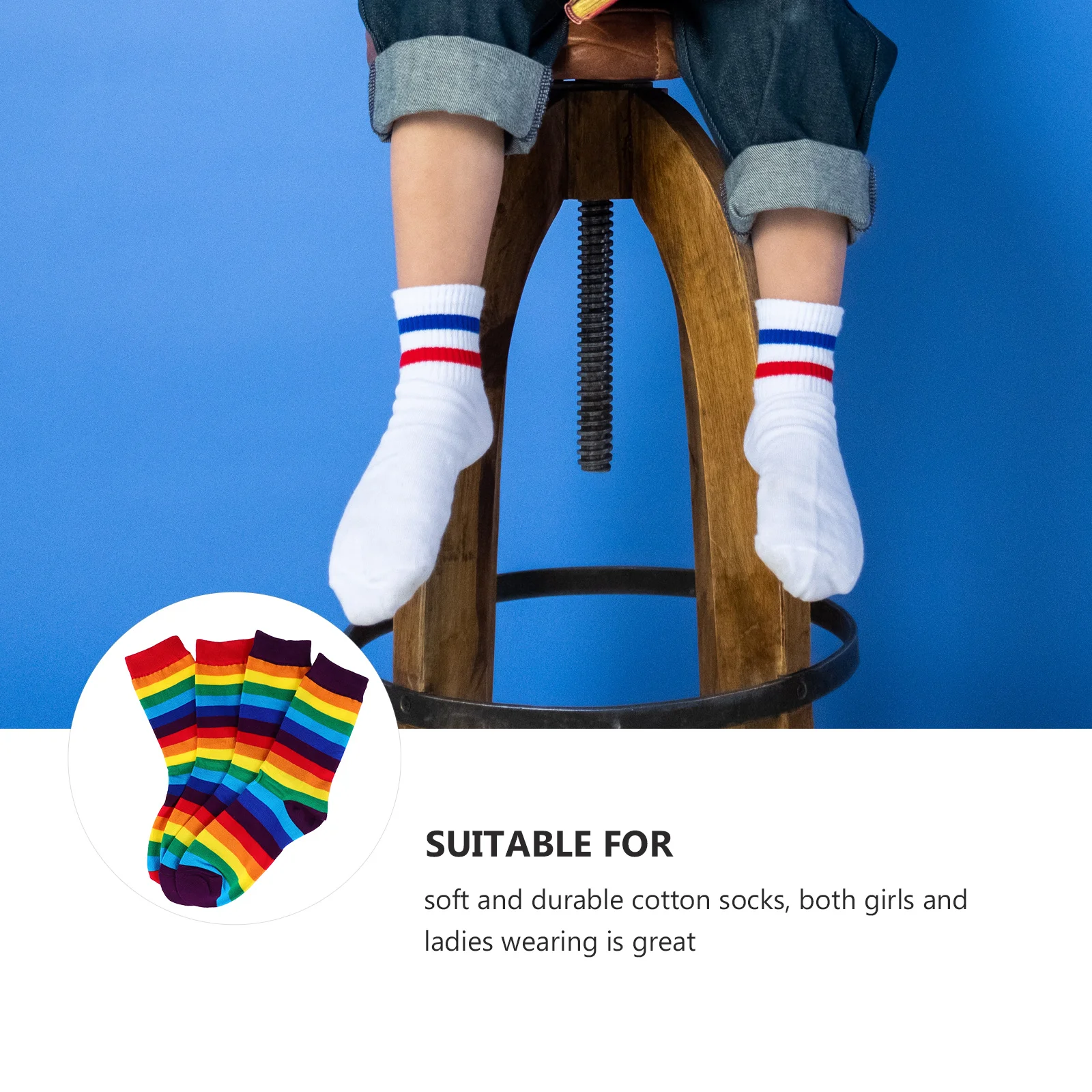 

2Pairs Rainbow Striped Socks Soft Cotton Comfortable Elastic Breathable Mid-Calf Casual Socks All Seasons Rainbow Striped Stocks