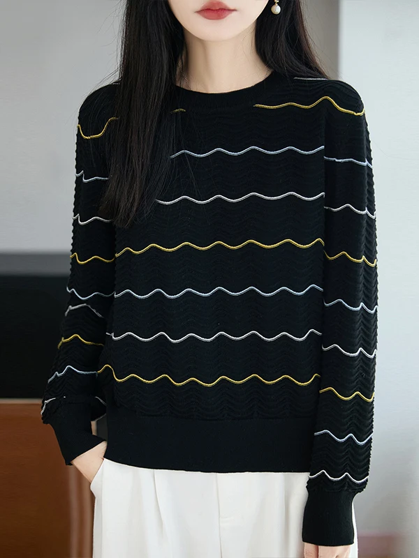 Early Autumn Striped Pure Cotton Long Sleeve Women's T-shirt Knitted Base Shirt Age-Defying Beautiful Top for Small Figures