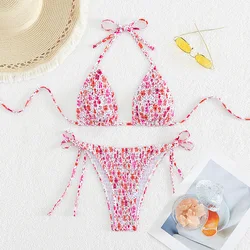 Pink Floral Print Wrinkled Swimwear Micro Bikini Thong Sexy Swimsuit Women Bathing Suit String Halter Triangle Bikinis Sets 2024