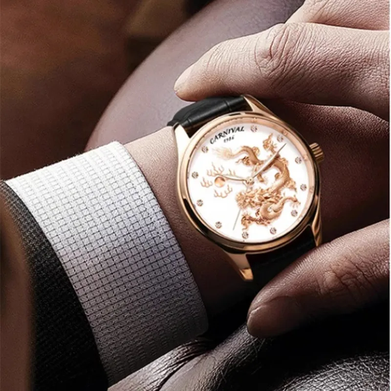 CARNIVAL Dress Mechanical Wristwatches Brand Luxury 3D Gold Dragon Automatic Watch for Men Waterproof NH36 Movement Reloj Hombre