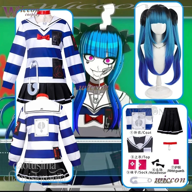 Juego cien disfraz de Anime Jirai Kei Amemiya Darumi Cosplay niñas azul blanco rayas marinero camisa vestido pendiente pelucas Navidad