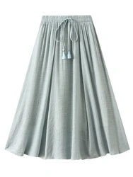 2024 New Women's Vintage Two Layered Solid Long Skirt Korean Fashion Elastic High Waist Cotton Linen Swing A-Line Skirts Summer