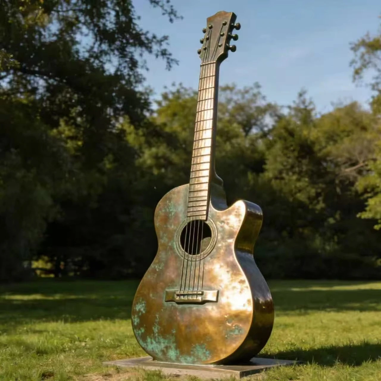 Classic Casting Metal Musical Instrument Statue Bronze Guitar Sculpture for Outdoor Decor