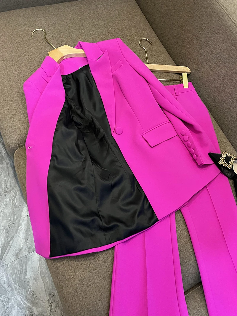 Outfits Blazer Pantsuits Women Two Piece Set Office Ladies Women Purple Business Single Buttons Flared Pants Formal Suit 2024