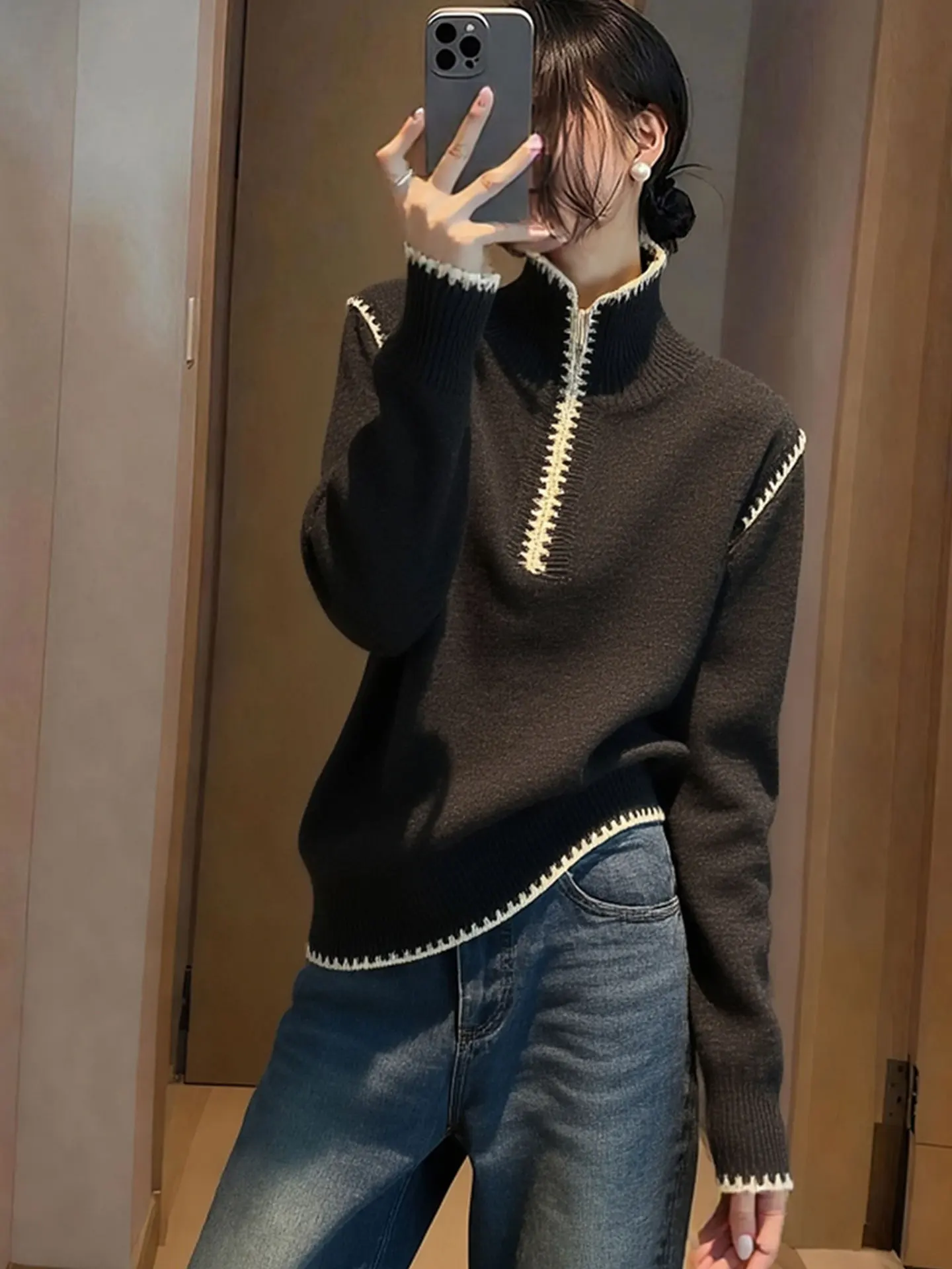 Koreański Design Sensation Color Blo f Zip Long Sve Camere Knitted Sweater Winter Comfortable Warm Women's Top