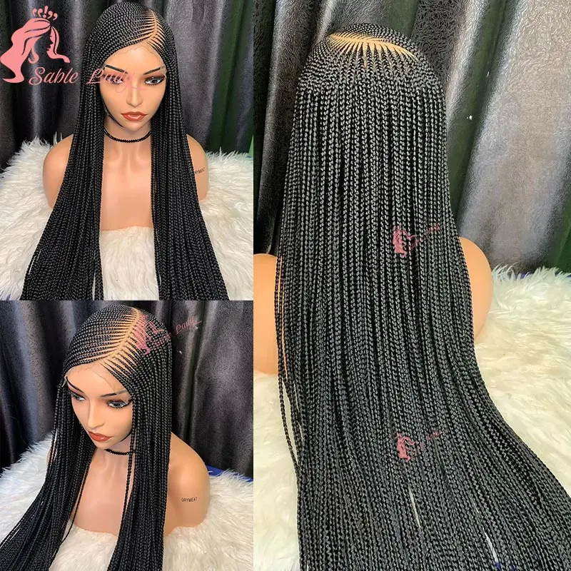 Full Lace Box Braided Wig Synthetic Knotless Box Braids Wig Side Part Lace Wig Faux Locs Crochet Cornrow Braided Wig for Women